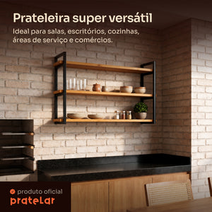 Prateleira tripla industrial preta 100x20 cm instalada em ambiente, Pratelar #100x20cm #preto