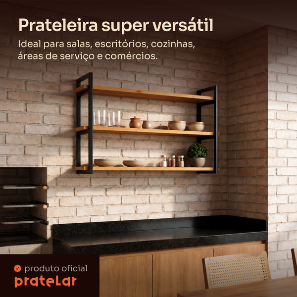 Prateleira tripla industrial preta 100x20 cm instalada em ambiente, Pratelar #100x20cm #preto