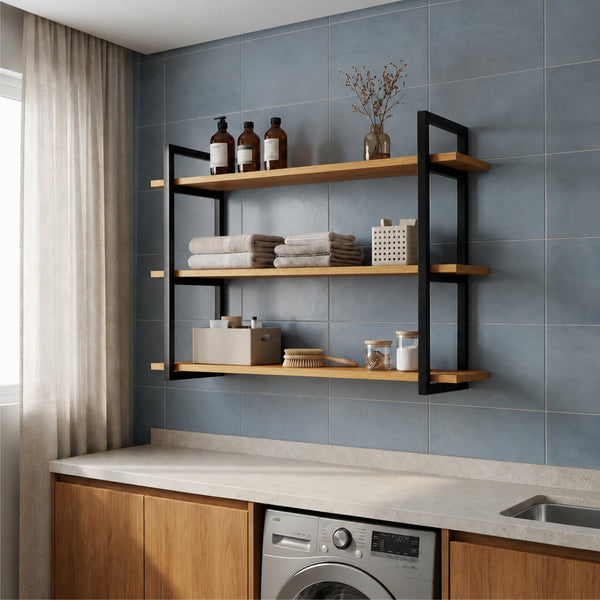 Prateleira tripla industrial preta 100x20 cm instalada em ambiente, Pratelar #100x20cm #preto