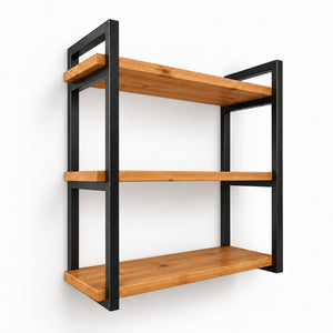 Prateleira tripla industrial preta 60x20 cm, ferro e madeira Pratelar #60x20cm #preto
