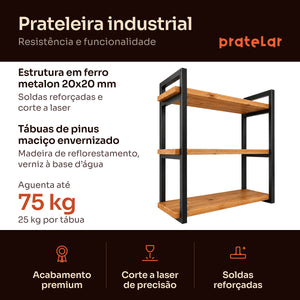 Prateleira tripla industrial preta 60x20 cm, ferro e madeira de pinus, Pratelar #60x20cm #preto