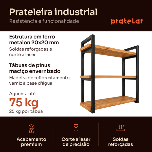 Prateleira tripla industrial preta 60x20 cm, ferro e madeira de pinus, Pratelar #60x20cm #preto