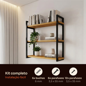 Prateleira tripla industrial preta 60x20 cm instalada em ambiente, Pratelar #60x20cm #preto