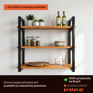 Prateleira tripla industrial preta 60x20 cm instalada em ambiente, Pratelar #60x20cm #preto