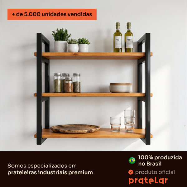 Prateleira tripla industrial preta 60x20 cm instalada em ambiente, Pratelar #60x20cm #preto