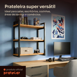Prateleira tripla industrial preta 60x20 cm instalada em ambiente, Pratelar #60x20cm #preto