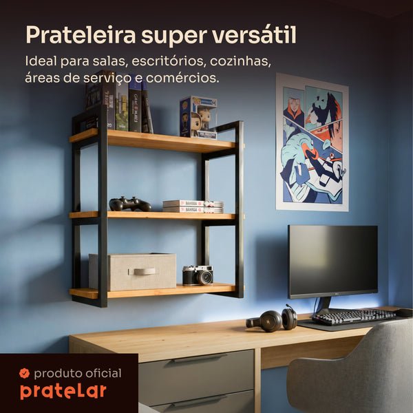 Prateleira tripla industrial preta 60x20 cm instalada em ambiente, Pratelar #60x20cm #preto