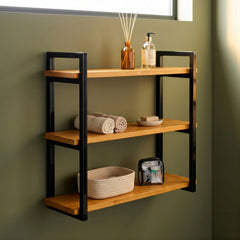 Prateleira tripla industrial preta 60x20 cm instalada em ambiente, Pratelar #60x20cm #preto