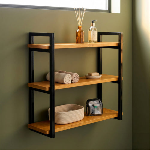Prateleira tripla industrial preta 60x20 cm instalada em ambiente, Pratelar #60x20cm #preto