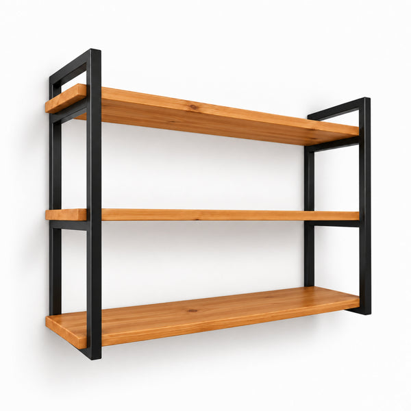 Prateleira tripla industrial preta 80x20 cm, ferro e madeira Pratelar #80x20cm #preto
