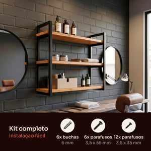 Prateleira tripla industrial preta 80x20 cm instalada em ambiente, Pratelar #80x20cm #preto