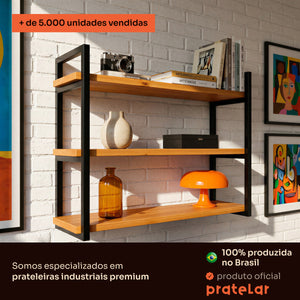 Prateleira tripla industrial preta 80x20 cm instalada em ambiente, Pratelar #80x20cm #preto