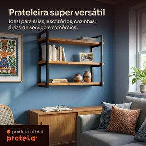 Prateleira tripla industrial preta 80x20 cm instalada em ambiente, Pratelar #80x20cm #preto