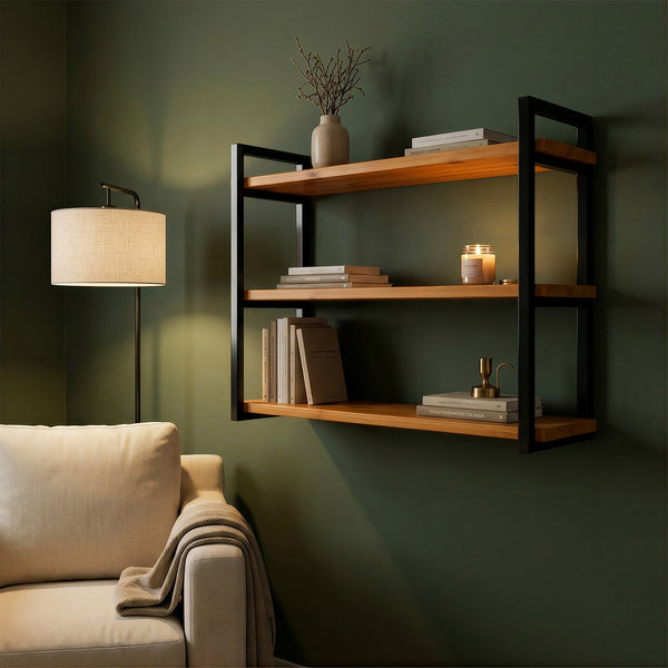 Prateleira tripla industrial preta 80x20 cm instalada em ambiente, Pratelar #80x20cm #preto