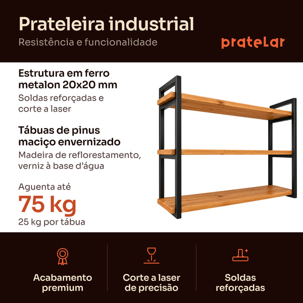 Prateleira tripla industrial preta, ferro e madeira de pinus, Pratelar #80x20cm|100x20cm #preto