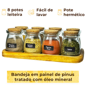 Porta Temperos 8 Potes de Vidro 100ml Rolha com Bandeja de Madeira