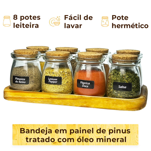 Porta Temperos 8 Potes de Vidro 100ml Rolha com Bandeja de Madeira